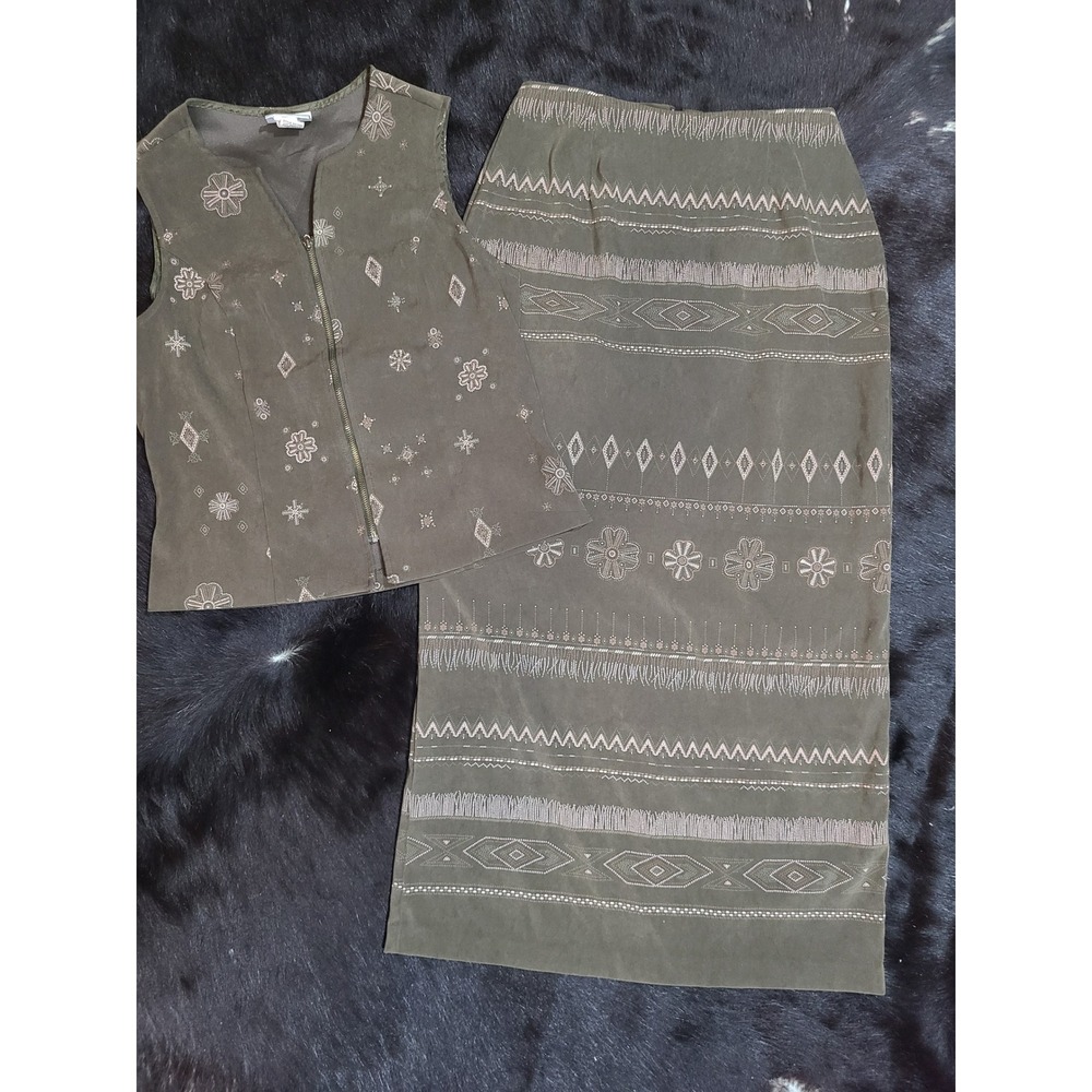 Fashion Bug Skirt Set Women Medium Olive Green Vintage Boho Vest Skirt